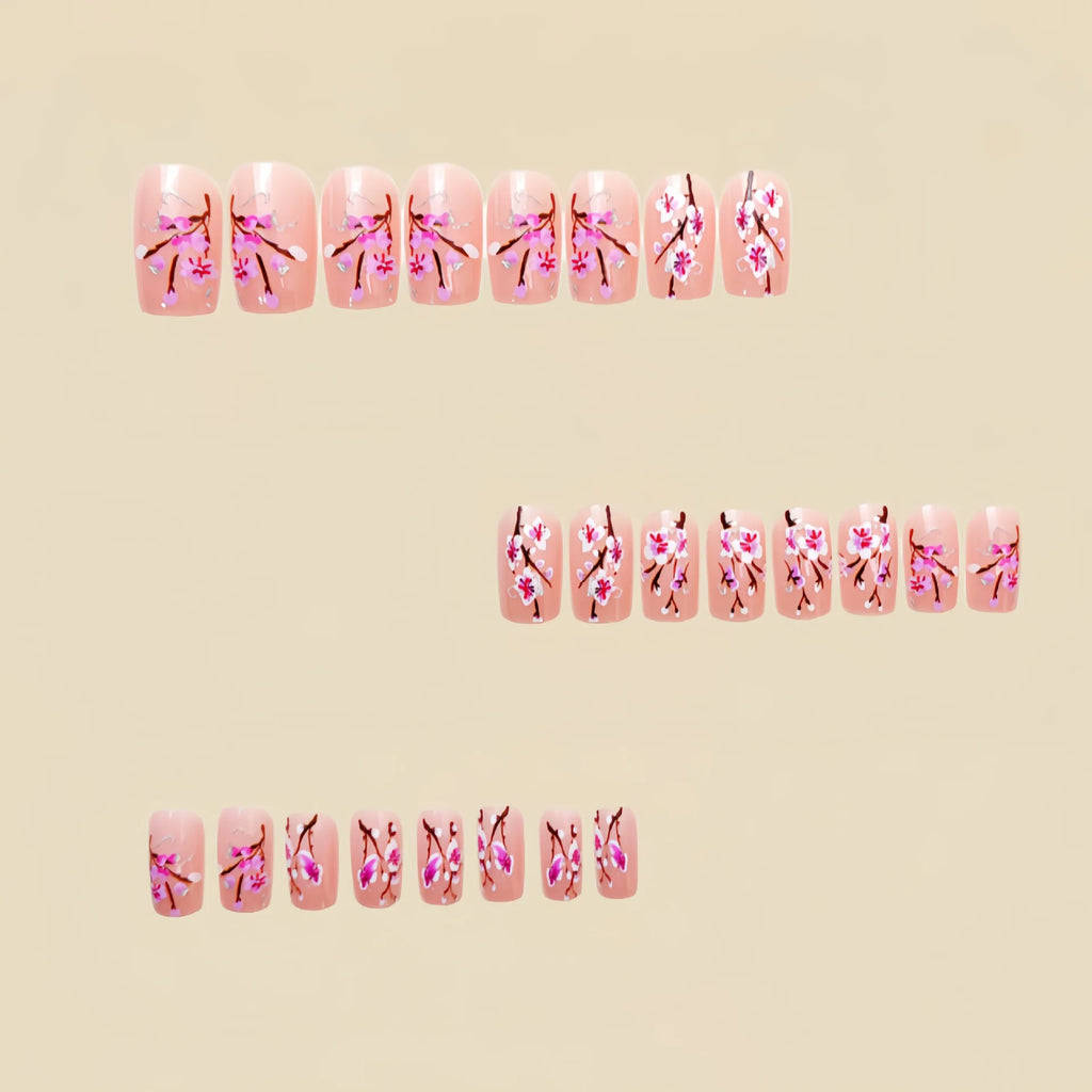 Short Medium fake nails for women girls pink red peach flowers for spring summer full cover square tips press on false nail art