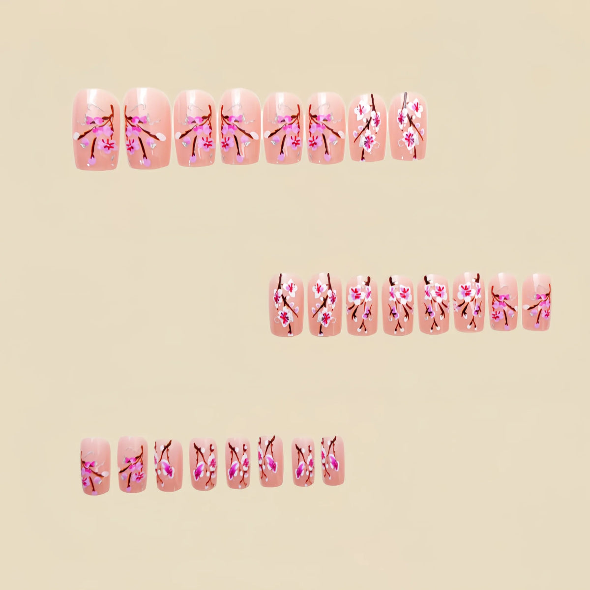 Short Medium fake nails for women girls pink red peach flowers for spring summer full cover square tips press on false nail art