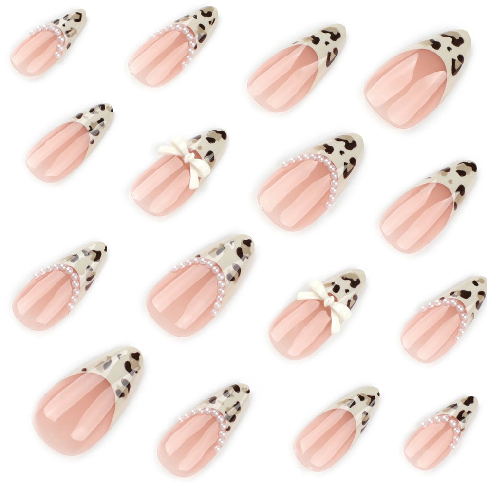 Light Coffee French Leopard & Bow Press-On Nails – Almond, 24 Pcs