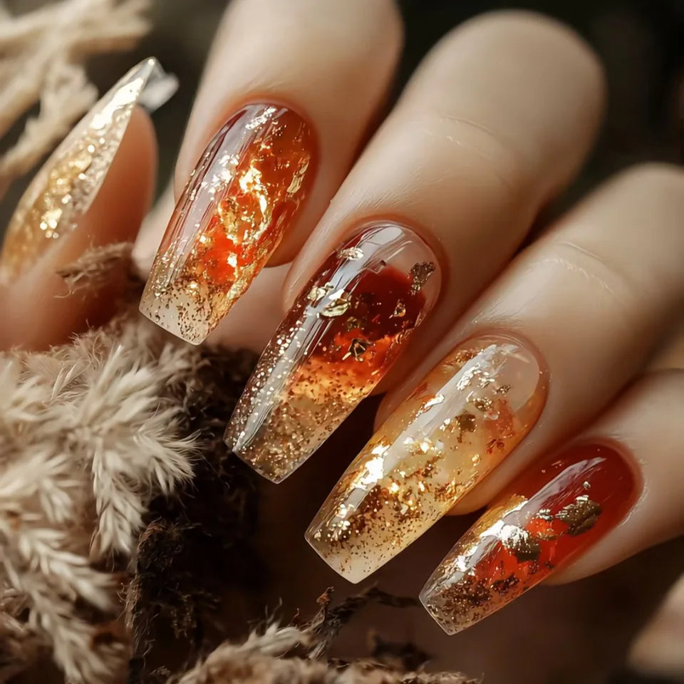 24pcs/set Medium long fake nails for Spring summer season Flowers leaf gradient color Square almond tips press on false nail art