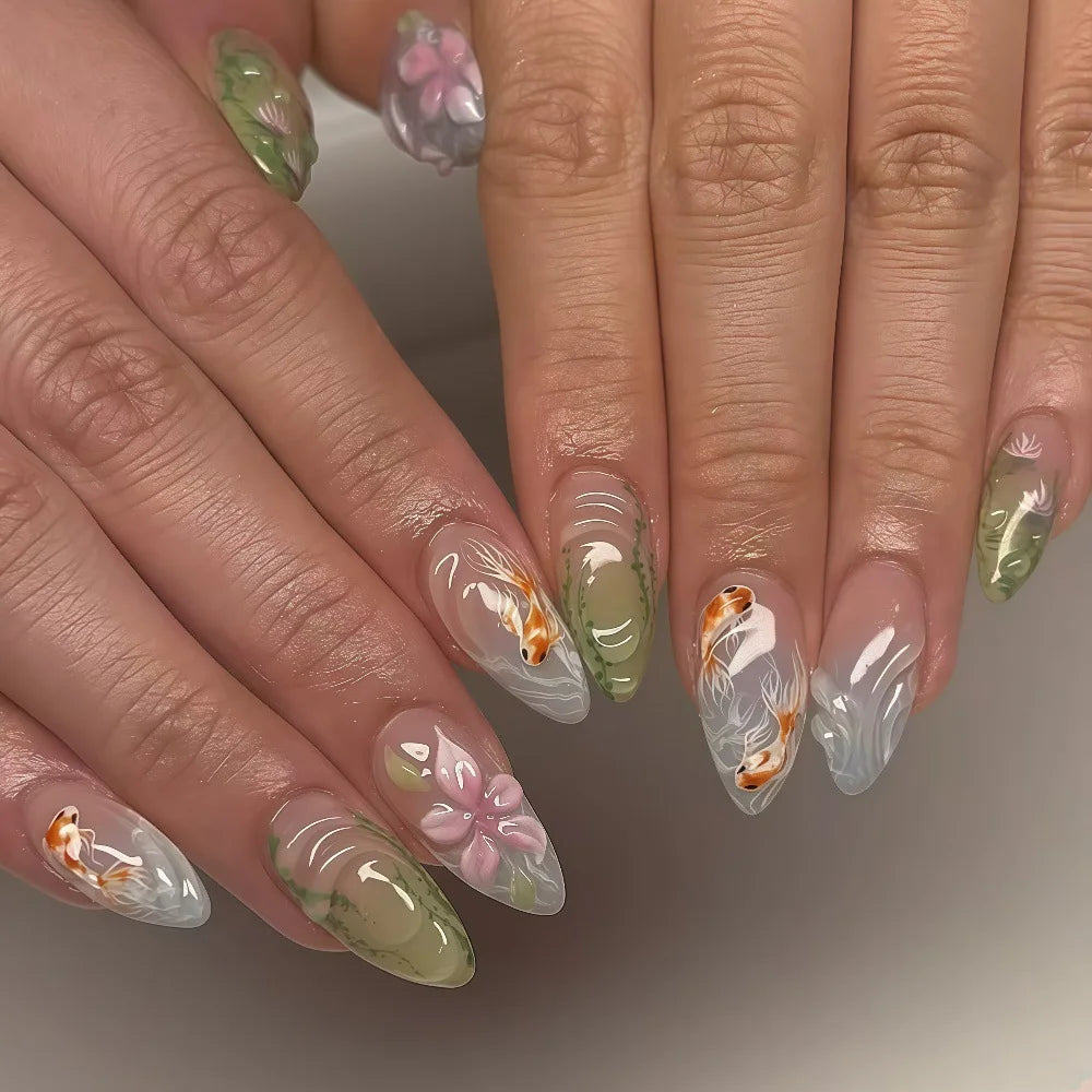 Nude Brown Blue Gradient Flower & Rhinestone Almond Press-On Nails – Medium, 24 Pcs
