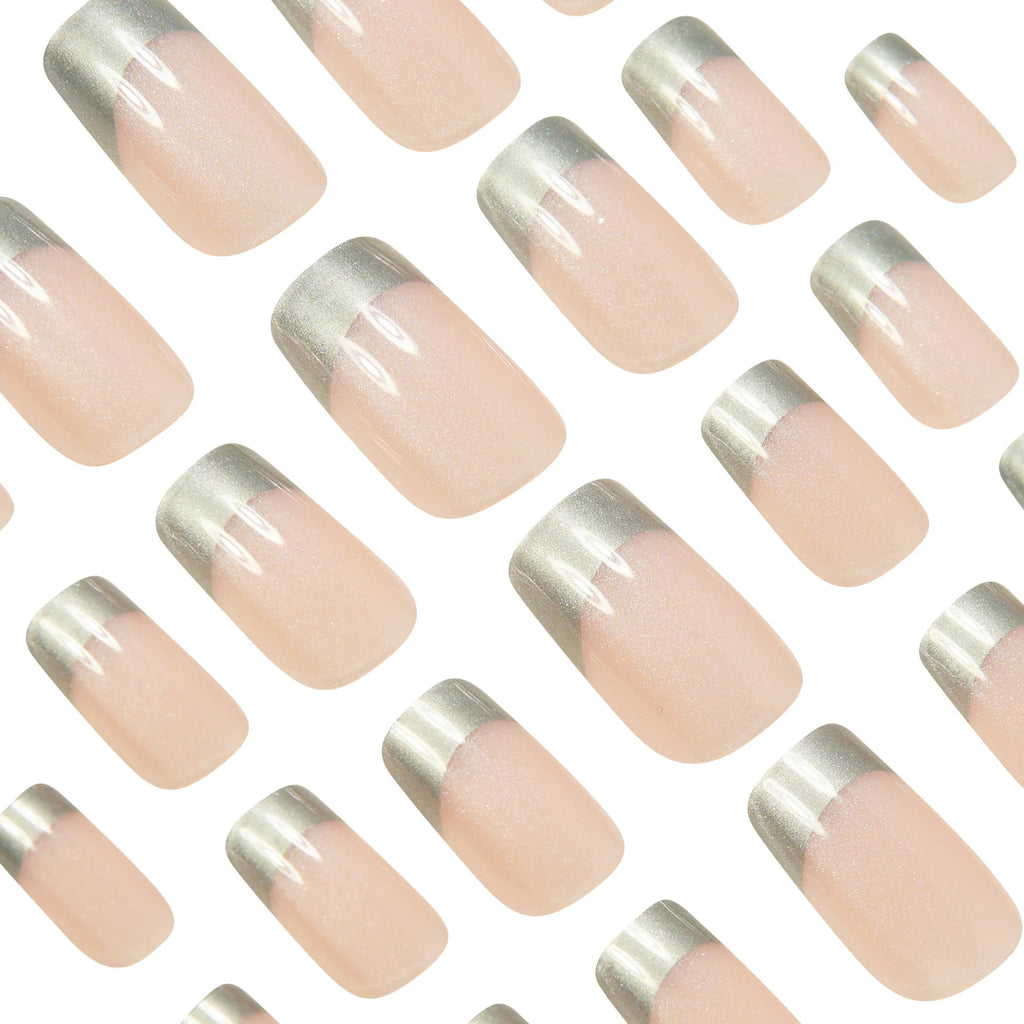 Medium fake nails for women Nude silver colors pear shimmer glossy square nail tips full cover reusable press on false nail