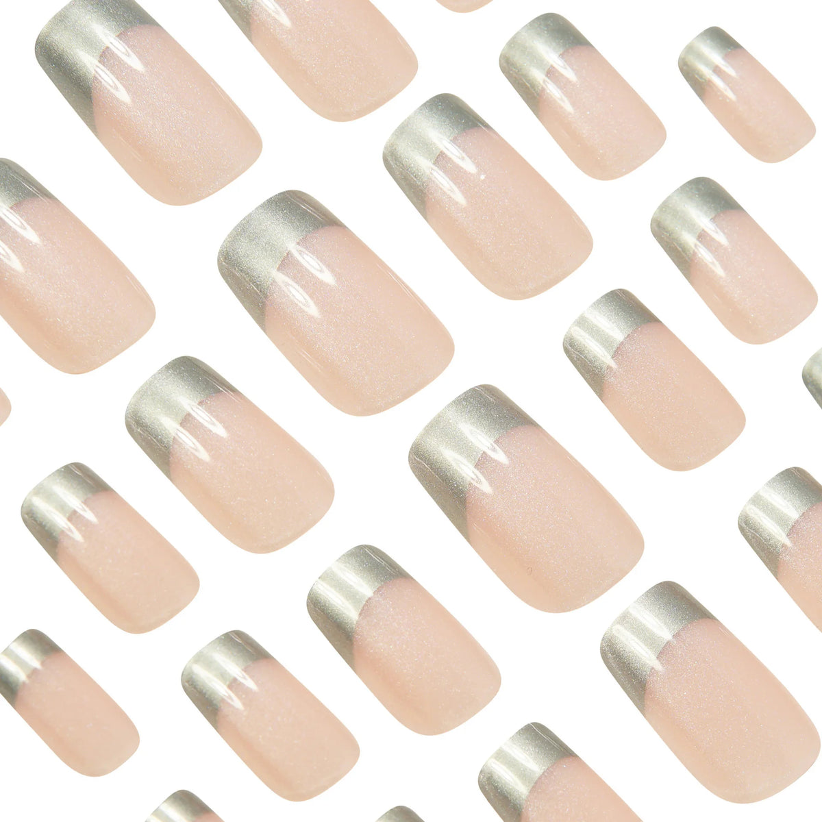 Medium fake nails for women Nude silver colors pear shimmer glossy square nail tips full cover reusable press on false nail