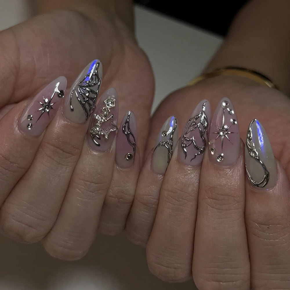 Blush Pink Y2K Chrome Punk Press-On Nails – Almond, 24 Pcs