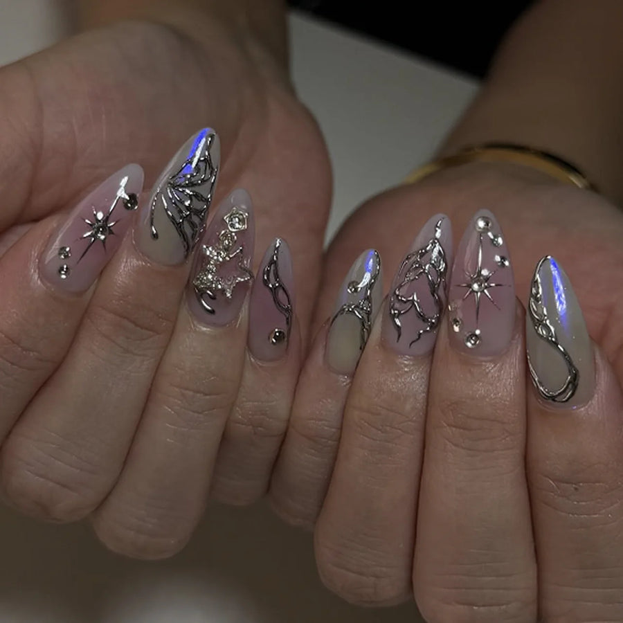 Blush Pink Y2K Chrome Punk Press-On Nails – Almond, 24 Pcs