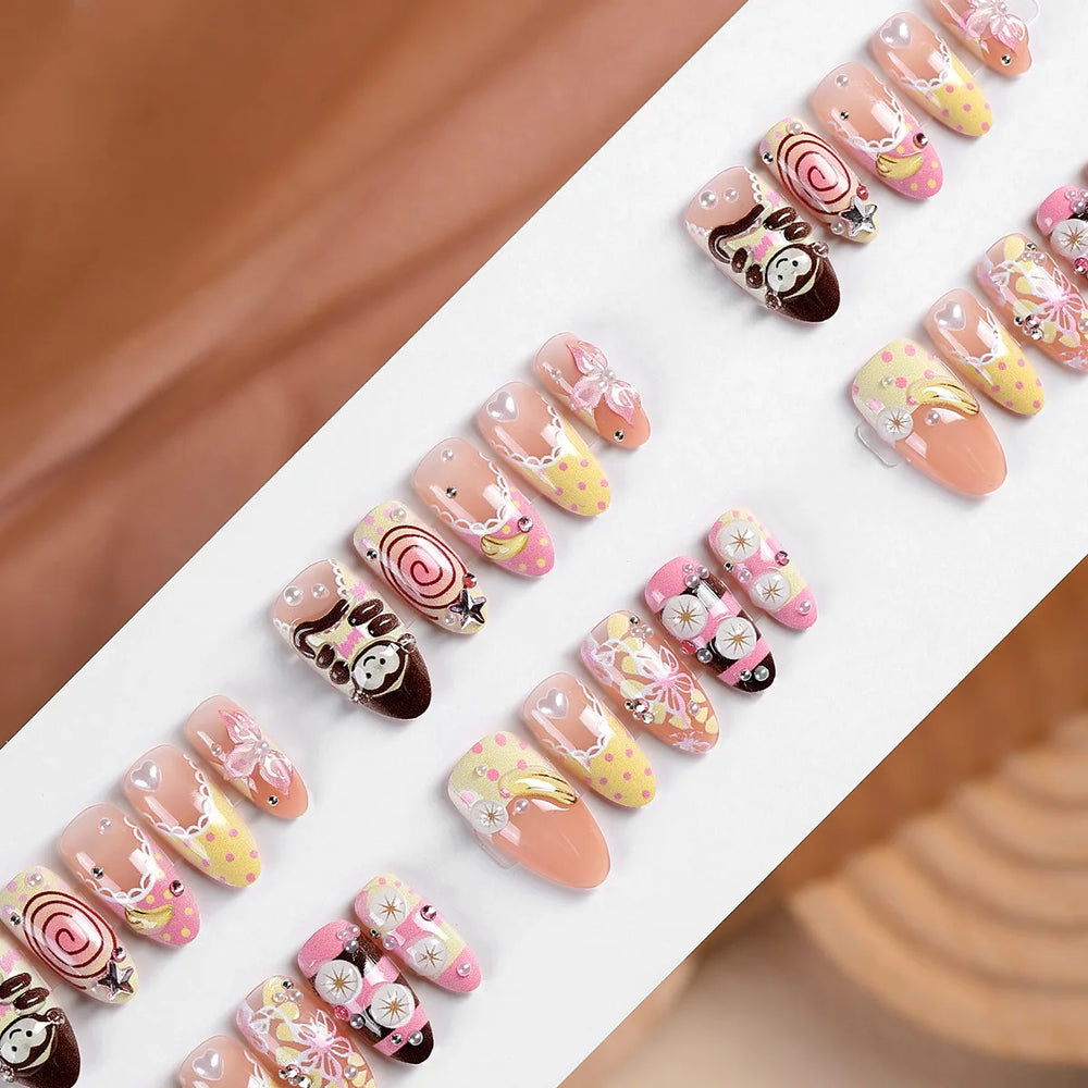 Japanese Cartoon Monkey & Flower Press-On Nails – Ballet, 30 Pcs