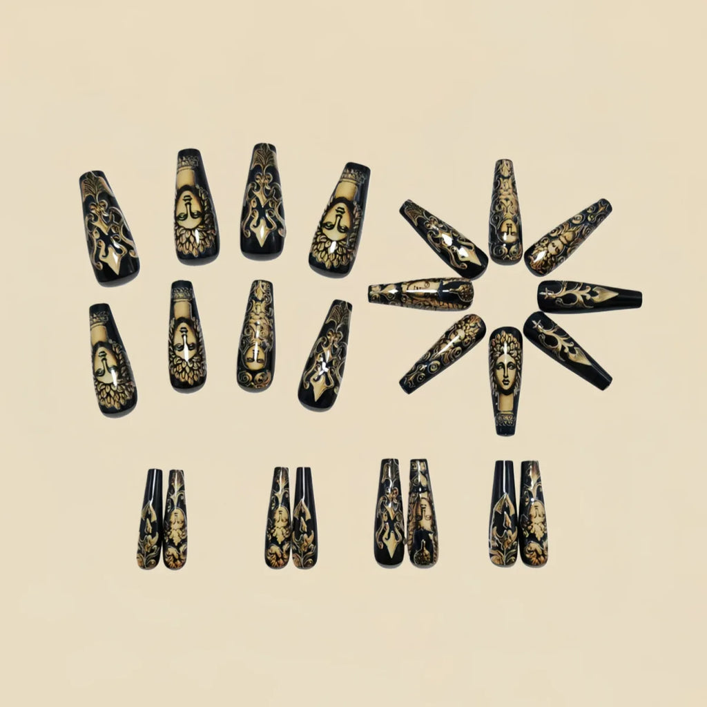 24pcs/set Medium long fake nails colorful Snake's stripes and eyes golden black human pattern square ballet tips press on nails