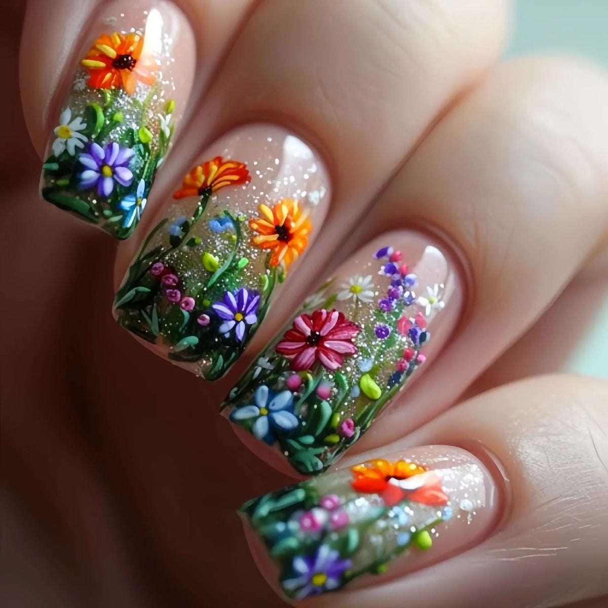Medium long fake nails for women girls Spring summer flowers flora green blue orange Square ballet tips press on false nail art