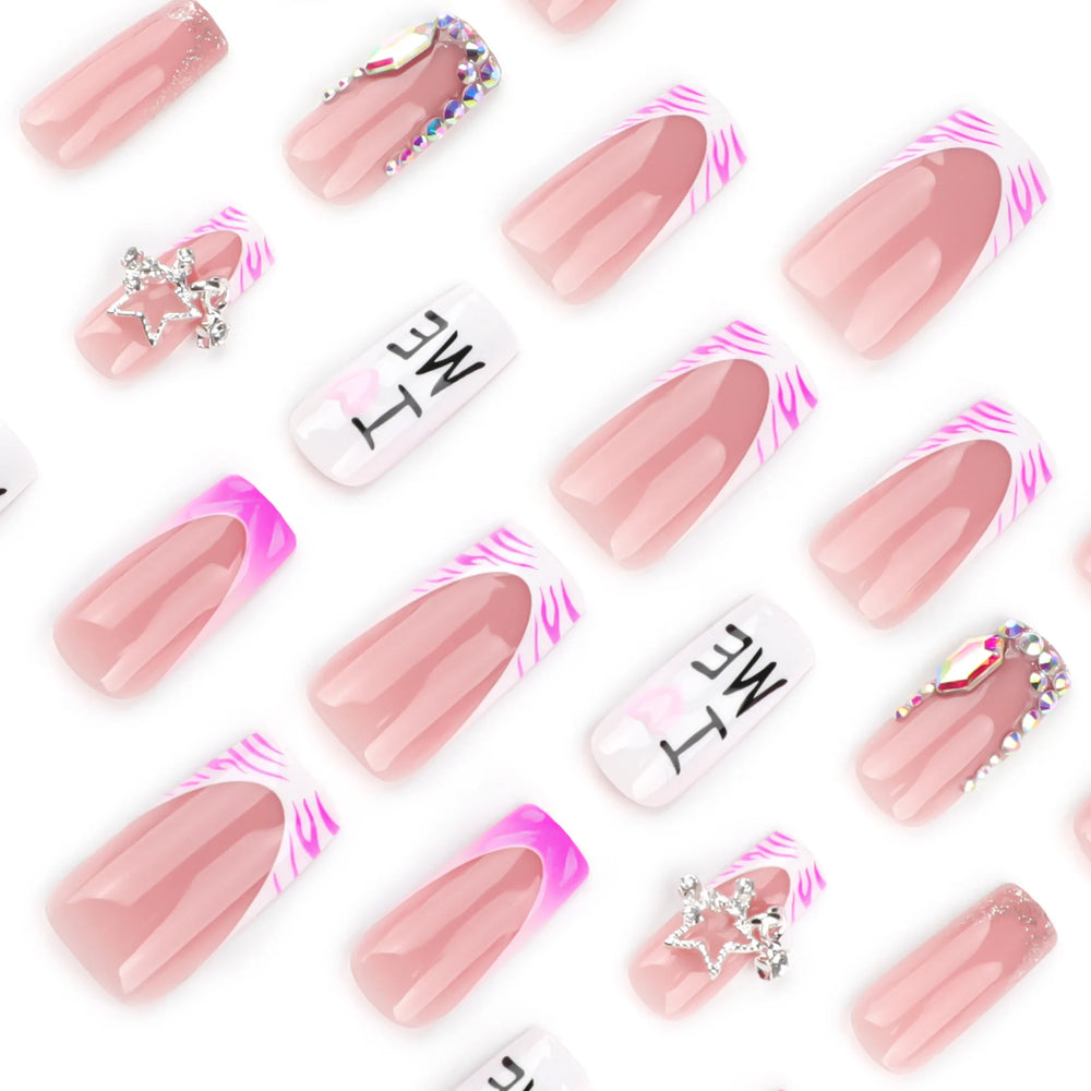 Pink Zebra Rhinestone Star French Press-On Nails – Long Square, 24 Pcs