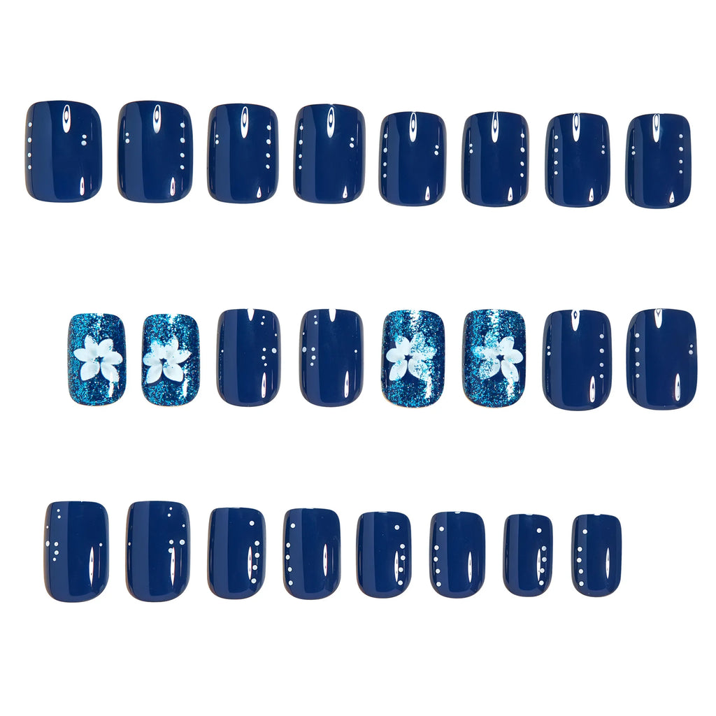 Short Medium Square fake nails for women girls Gradient deep blue with flowers design full cover press on acrylic false nail art