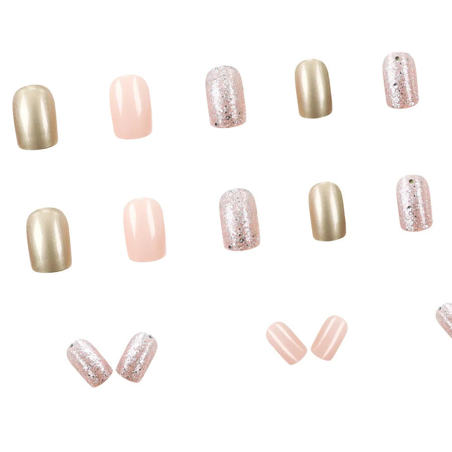Nude Brown Gold Glitter Press-On Nails – Short Square, 24 Pcs