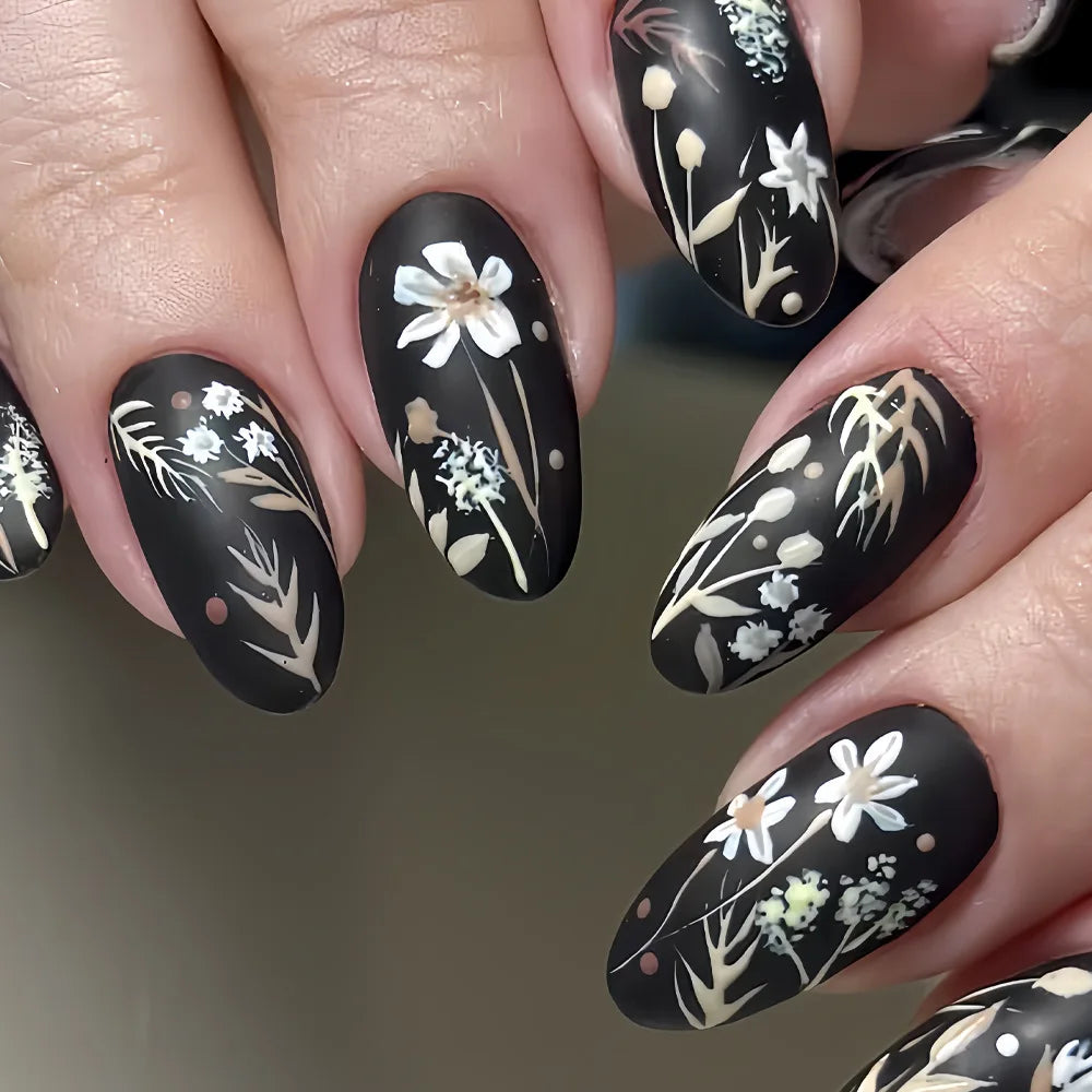 24pcs/set Medium long fake nails for Spring summer season Flowers leaf gradient color Square almond tips press on false nail art