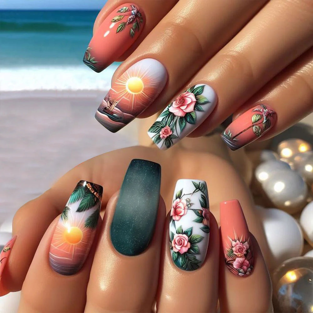 Purple Blue Starry Sky Sunset Flower Y2K Press-On Nails – Medium Long, 24 Pcs