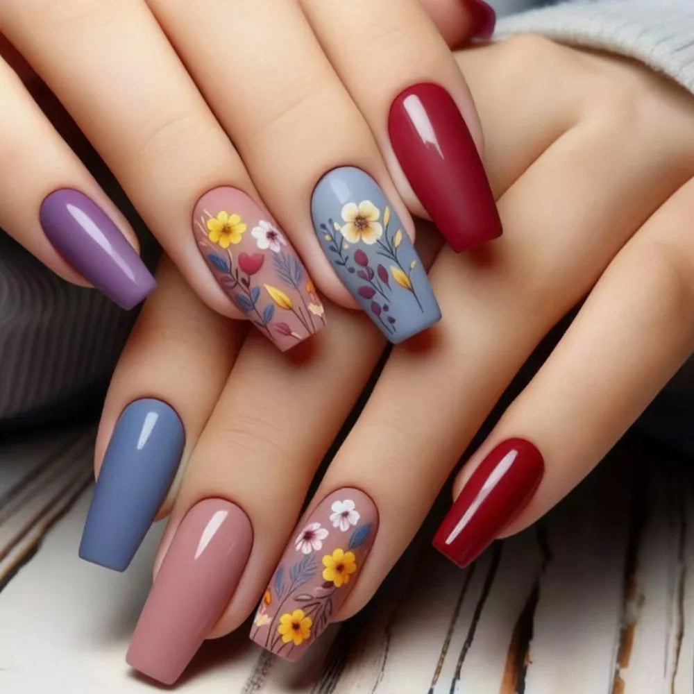 Short Medium long fake nails for women girls colorful flowers feather design Ballet square nail tips press on false nail art set