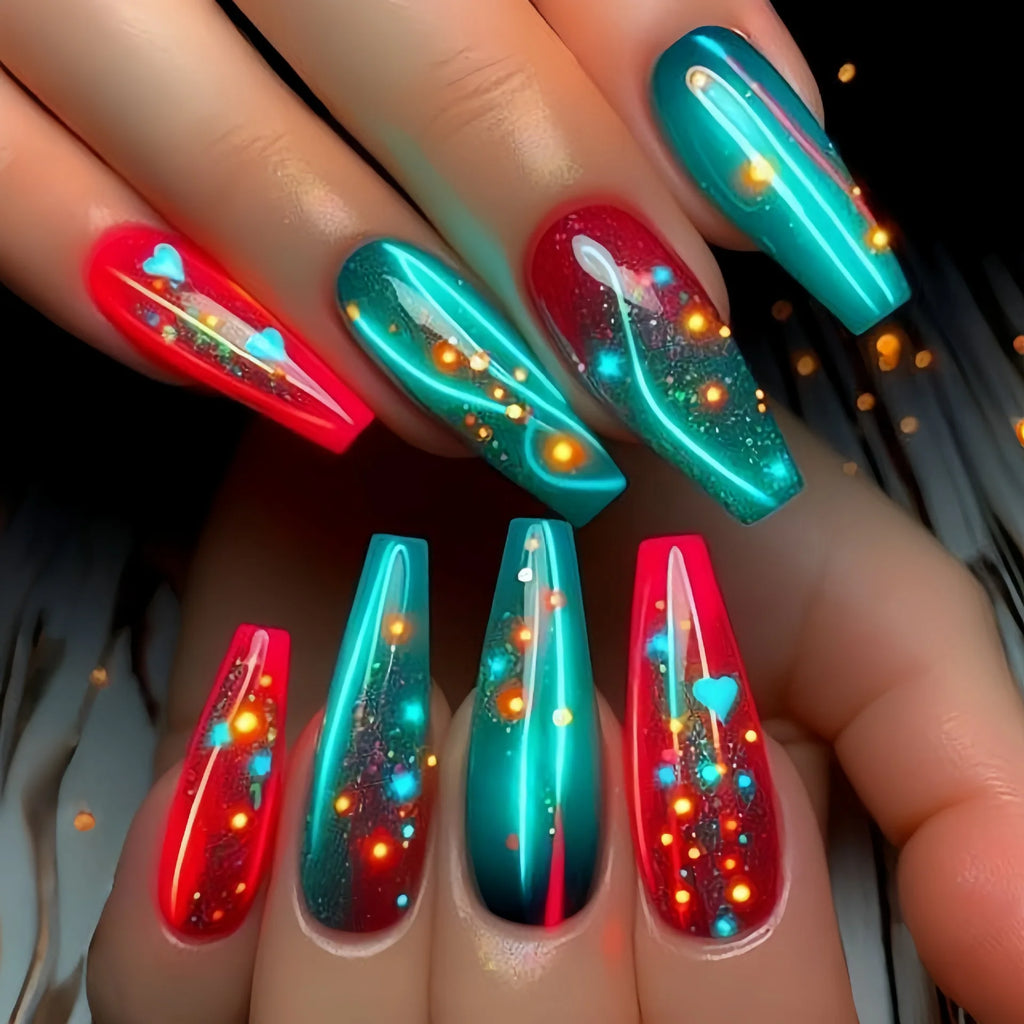 Long fake nails for women girls Y2K color gradient yellow red blue heart leopard print ballet tips full cover acrylic false nail
