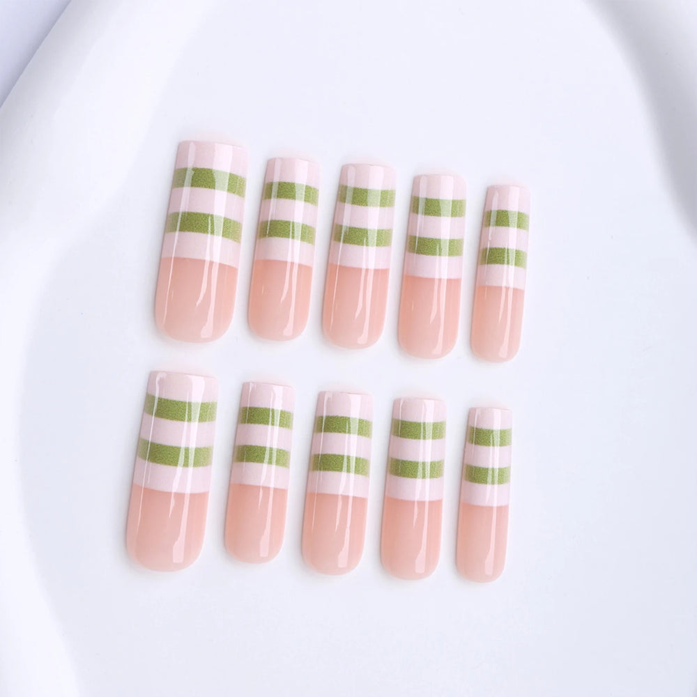 White & Green Stripe French Press-On Nails – Long Square, 24 Pcs