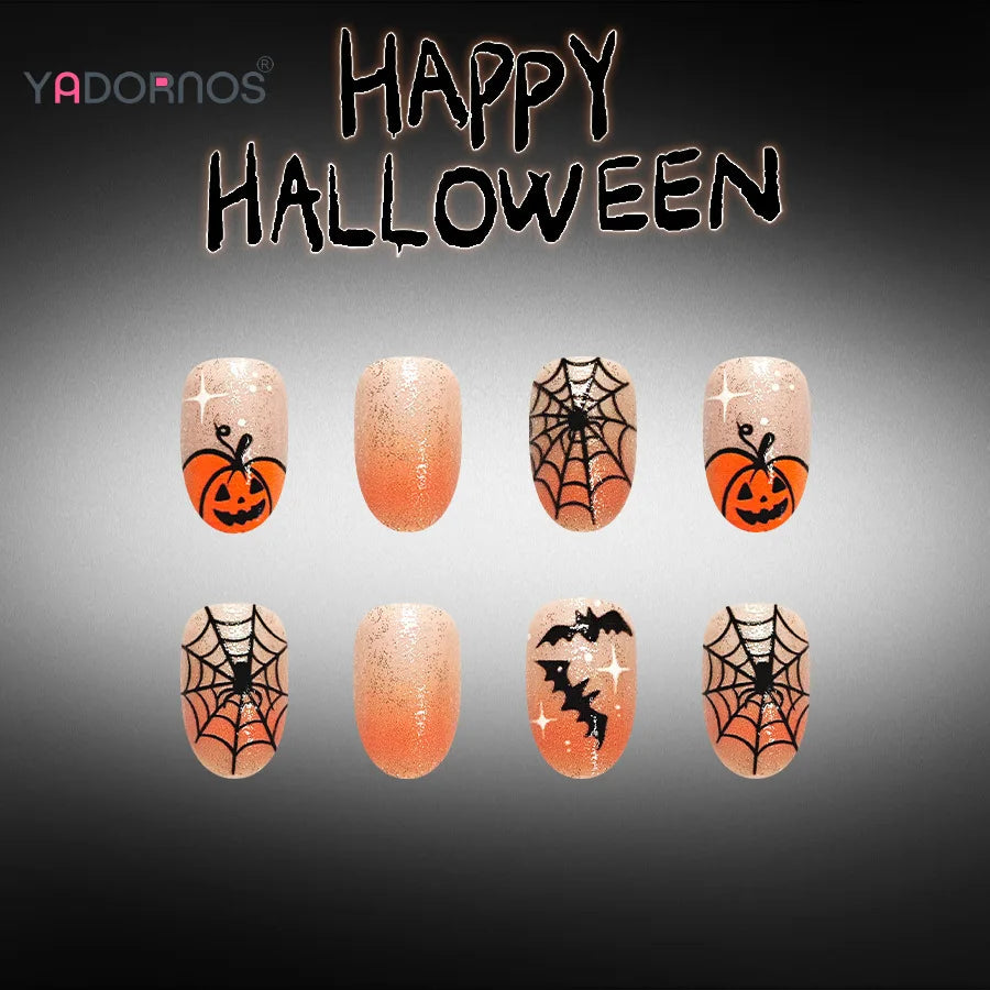 Orange Ombre Glitter Pumpkin & Bat Press-On Nails – Almond, 24 Pcs