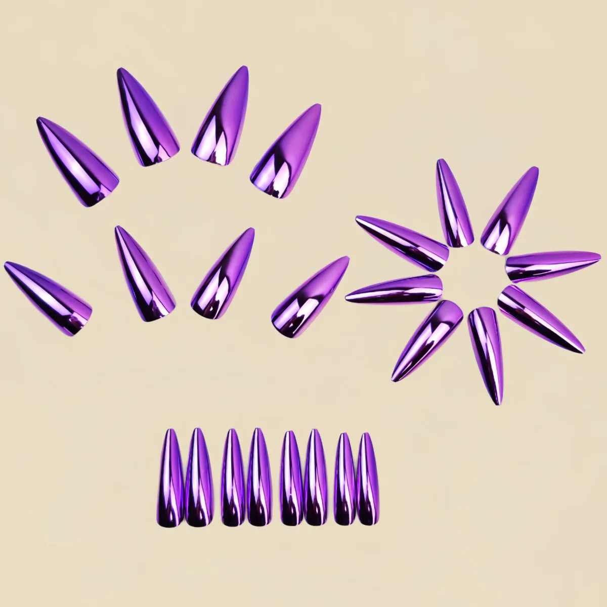Fashion purple fake nails for women girls Holographic Plated metallic effect Medium long almond waterdrop tips press on nail art