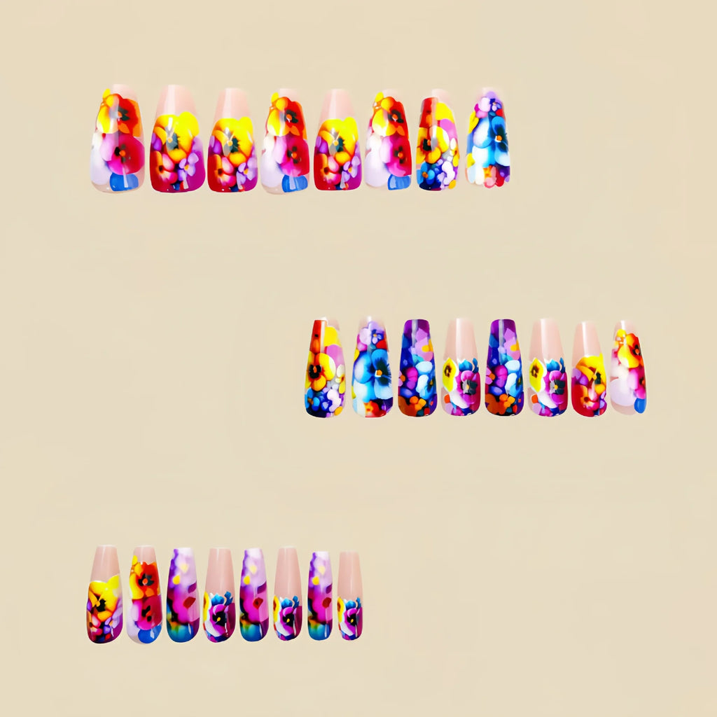 Medium fake nails for women Y2K purple yellow blue pink flowers print ballet shape nail tips full cover press on false nail set