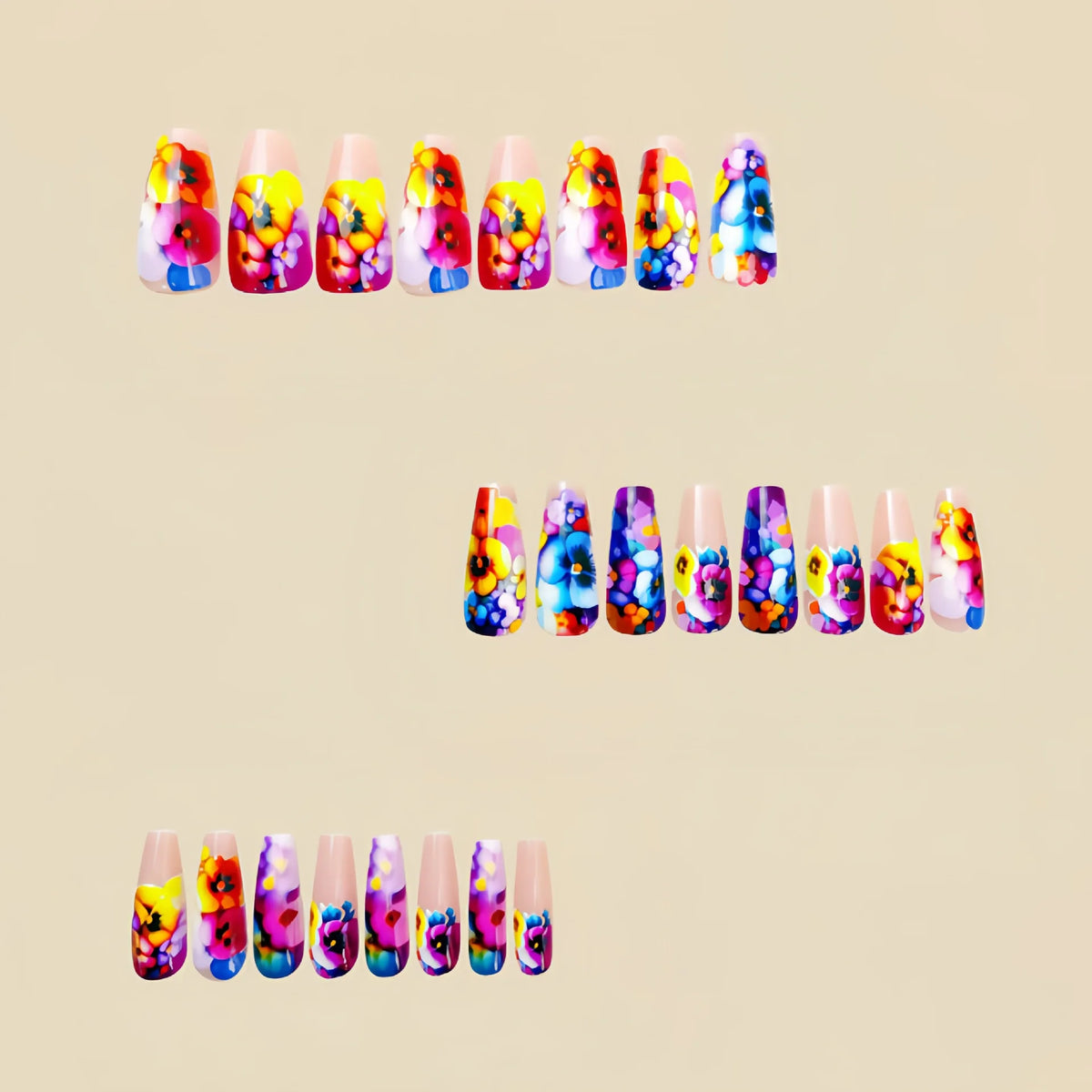 Medium fake nails for women Y2K purple yellow blue pink flowers print ballet shape nail tips full cover press on false nail set