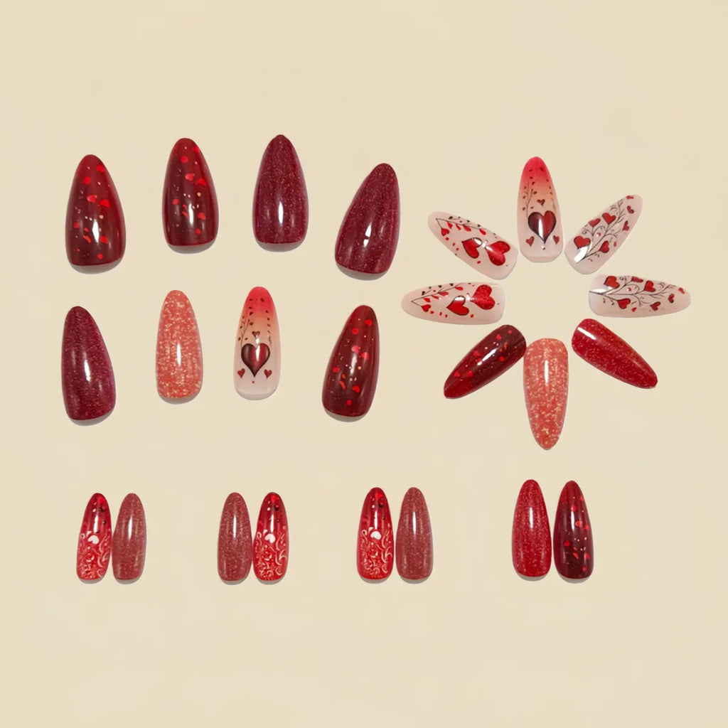 Medium long fake nails for women gradient pink red cute heart design for Valentine's Day Square almond nail tips press on nails