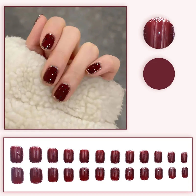 Short Medium fake nails for women girl wine red colors with glitters design Square nail tips Valentine'S Day press on false nail
