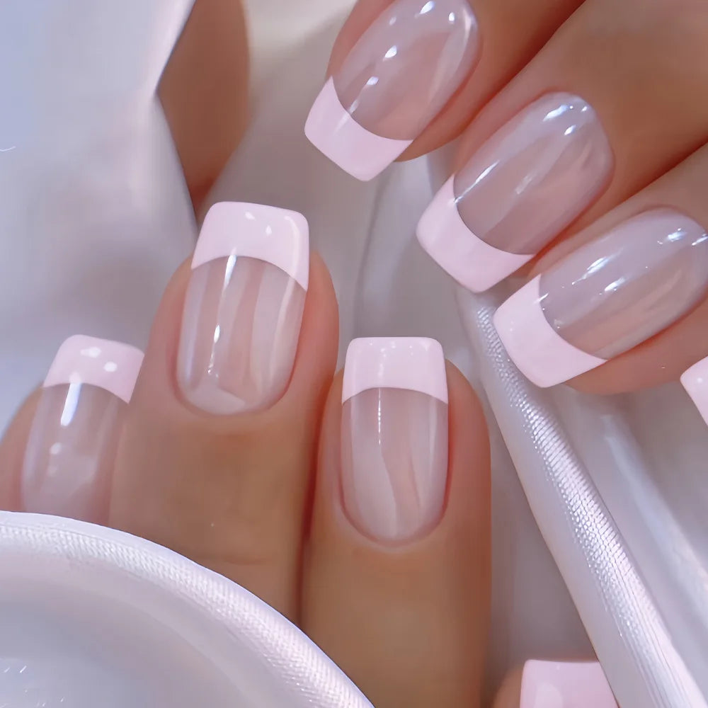 Short Medium Square fake nails pearl shimmer Minimalist french style white pink grey blue edge full cover press on false nail