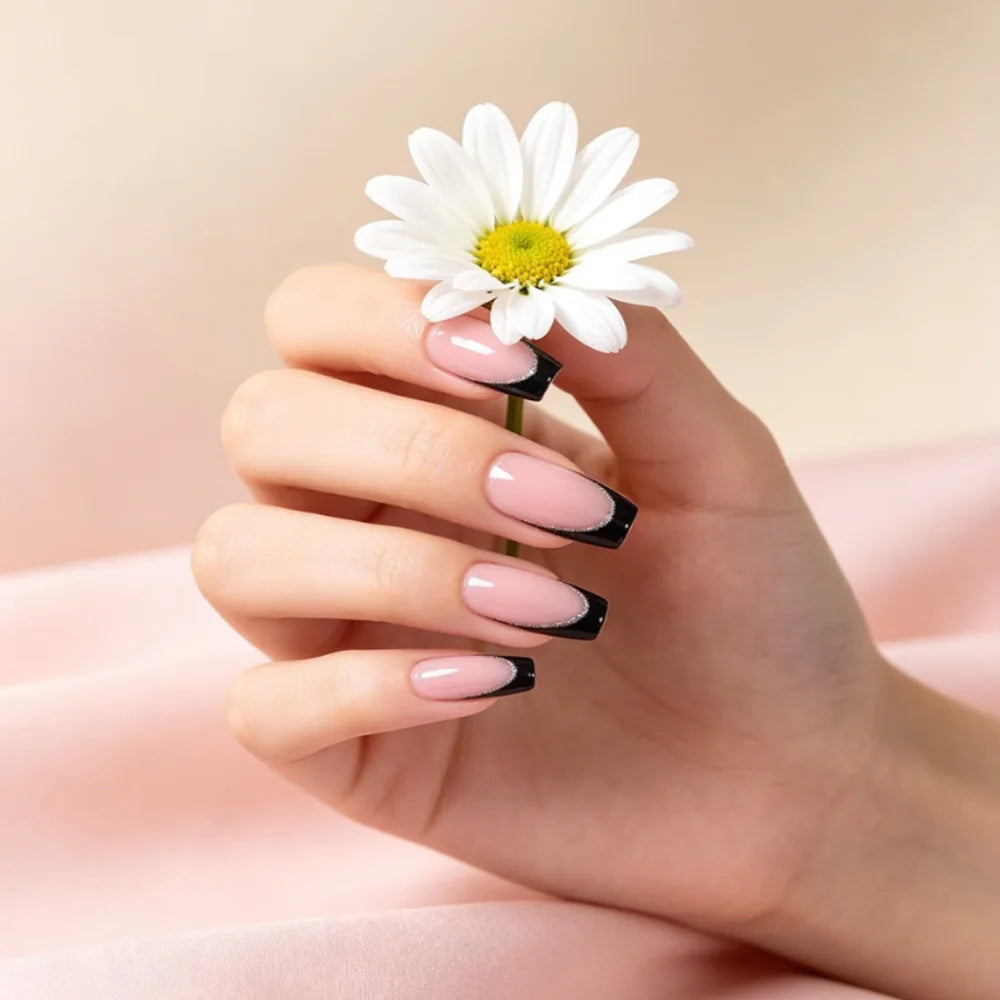 Medium long fake nails for women french style with black edge silver strips square shape full cover reusable press on false nail
