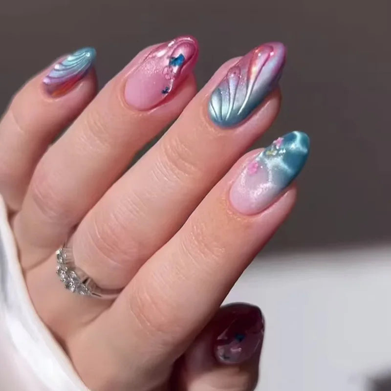 3D Green Ripple Cat-Eye French Almond Press-On Nails – Leaf Pattern, 24 Pcs