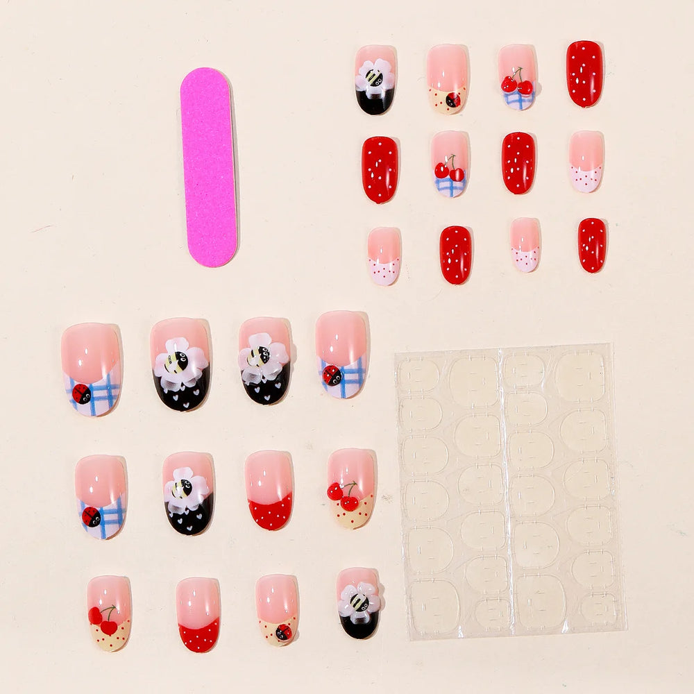 Cherry, Bee & Ladybug 3D Charm Press-On Nails – Almond, 24 Pcs