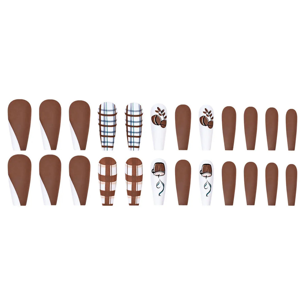 Short Medium fake nail for women brown coffee colors matte grid or glossy flowers design full cover reusable press on false nail
