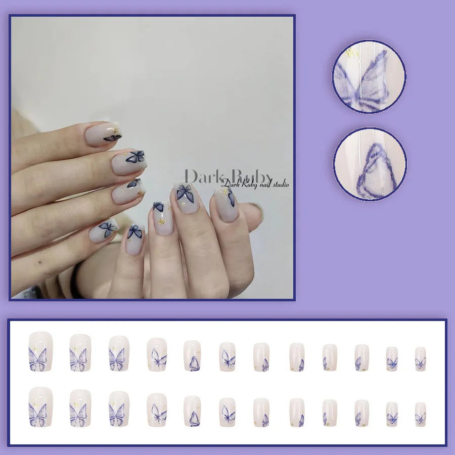 Short Medium fake nails for women girls gradient blue butterfly design for Spring summer season full cover acrylic press on nail