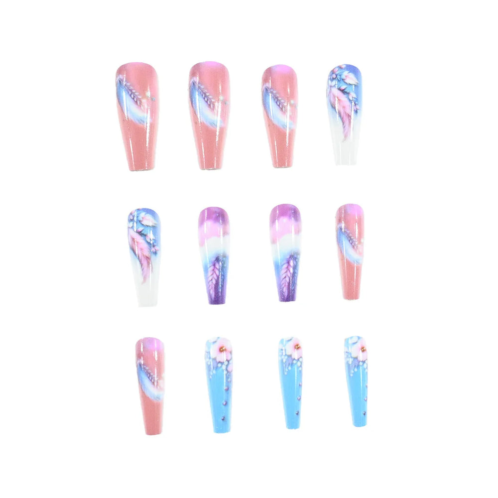 Y2K Blue Pink Flower Cloud & Heart Press-On Nails – Long, 24 Pcs