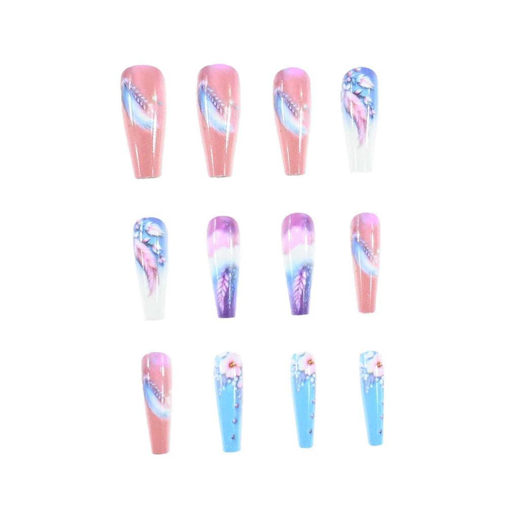 24pcs Long fake nails for women Y2K gradient blue pink flowers cloud red black heart design full cover acrylic press on nails