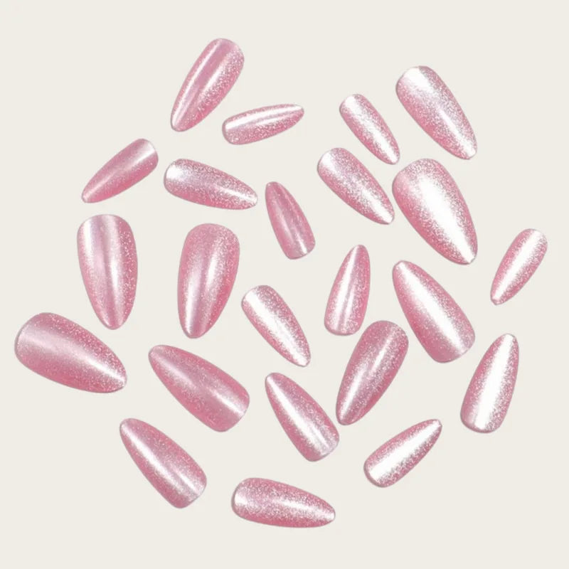 24pcs/set fake nails for women girl light pink cat eyes glossy sparkling shimmer nail tips almond shape full cover press on nail