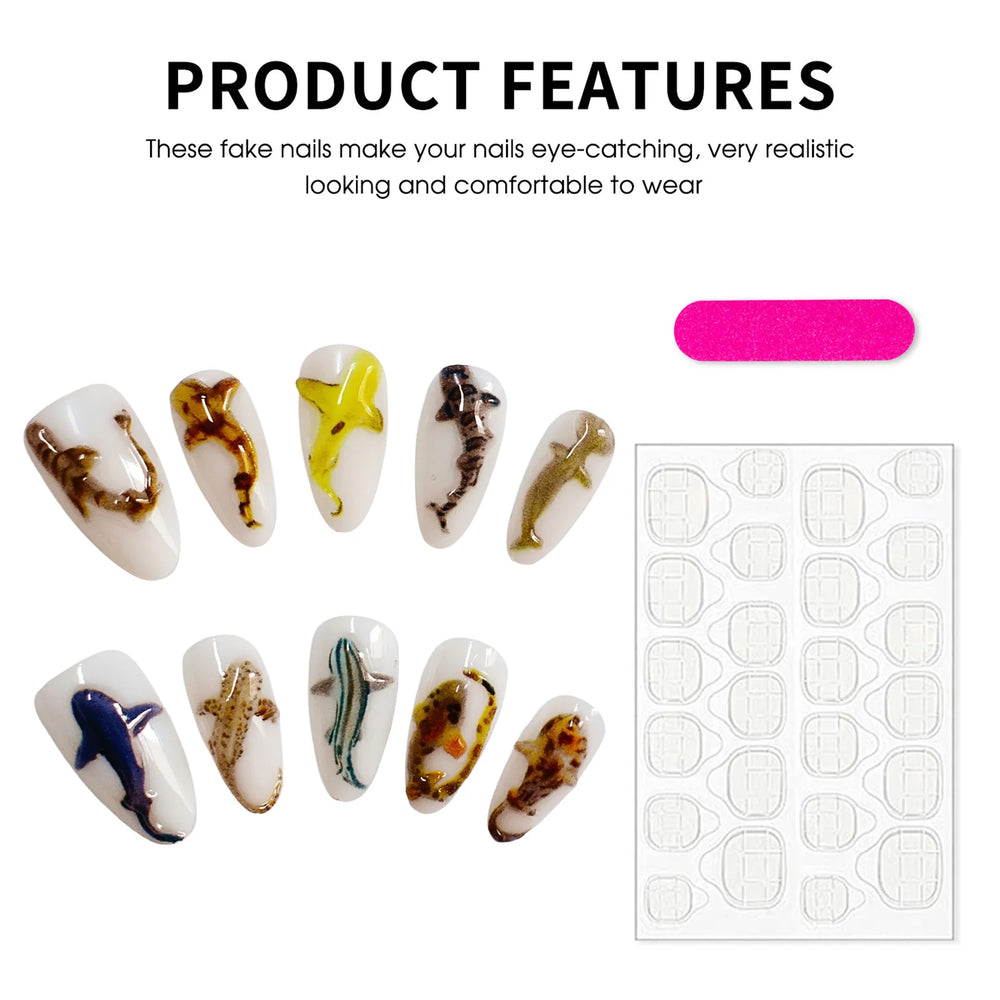3D Colorful Marble Chrome Handmade Press-On Nails – Coffin, 10 Pcs