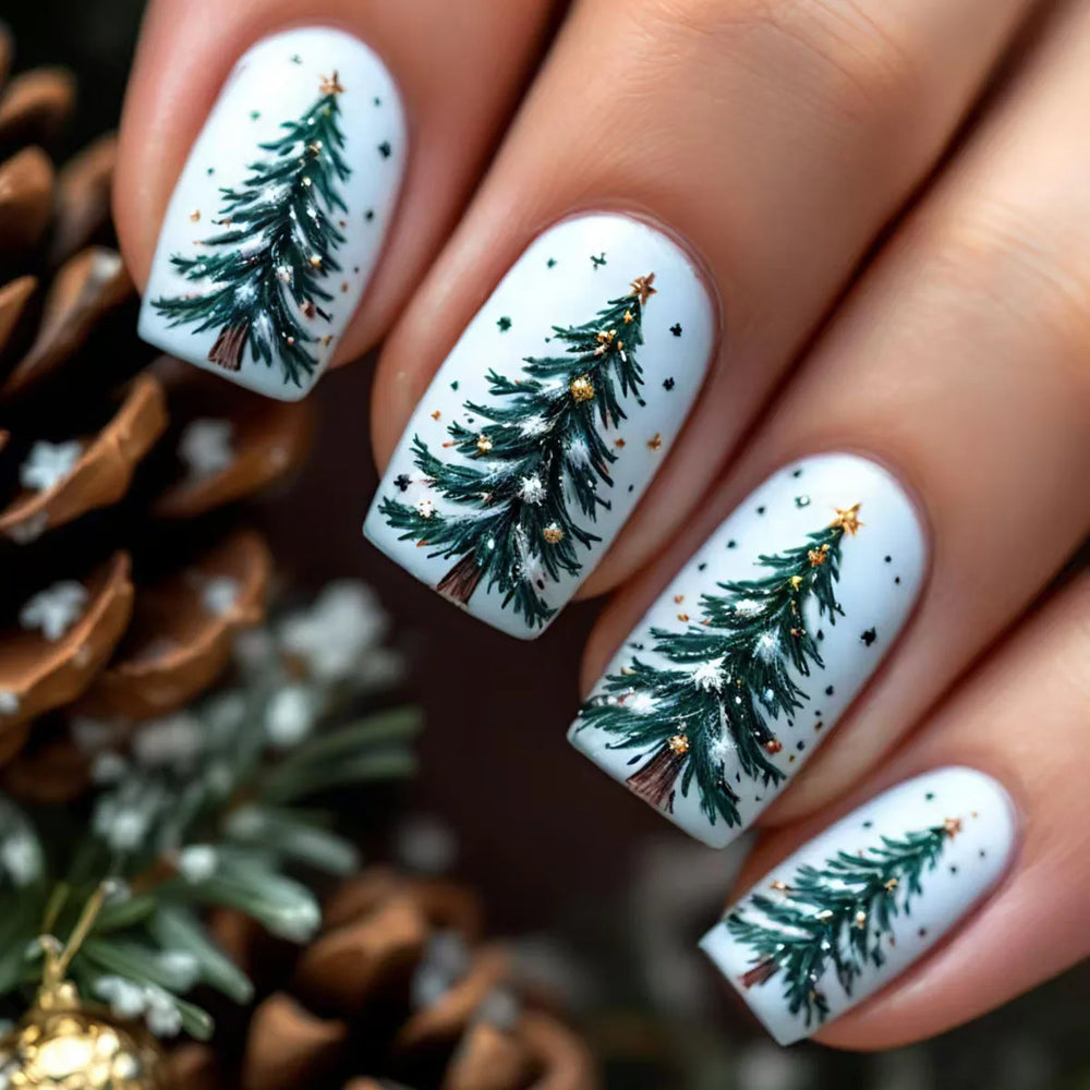 Christmas Winter Forest Snowflake & Santa Press-On Nails – Medium Square Almond