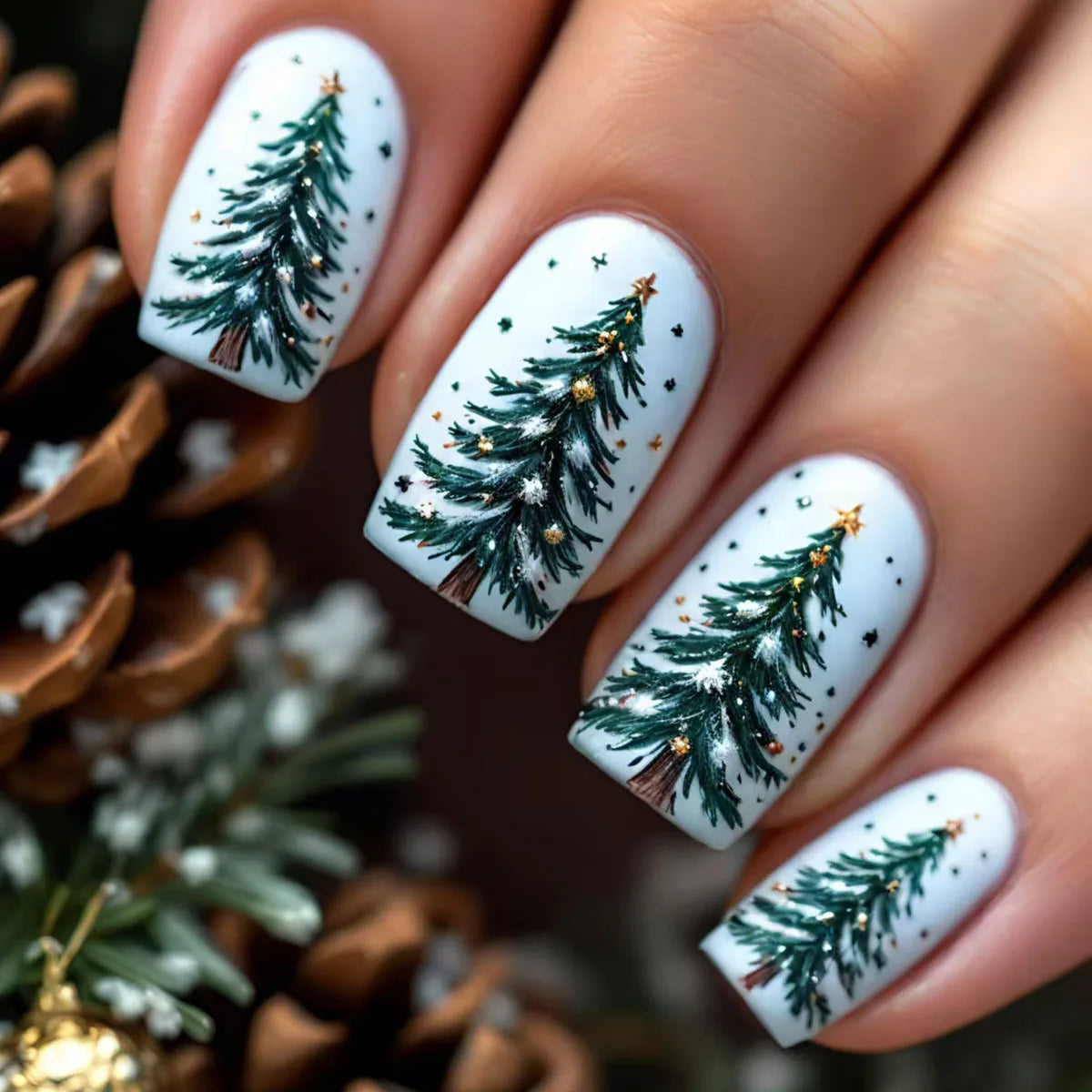Medium Square almond fake nails for Christmas party Winter forest snowflakes Santa Claus Santa Claus design press on false nail