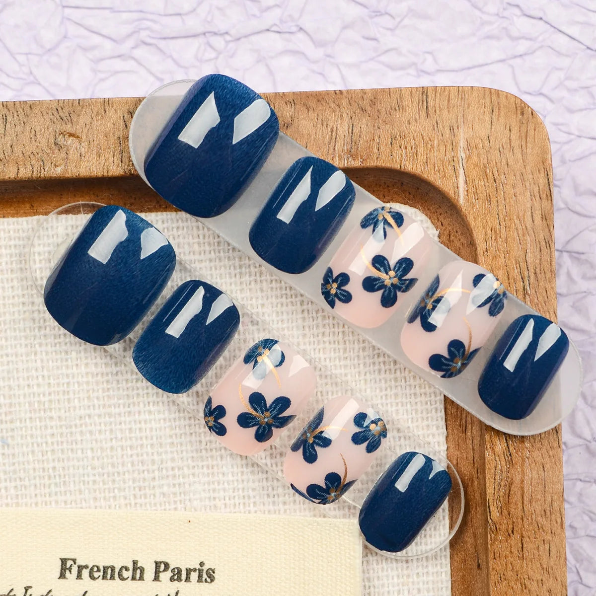Short Square Fake Nails for Women Girls Spring Summer Flowers in Deep Blue Golden Colors Full Cover Press On Acrylic False Nail