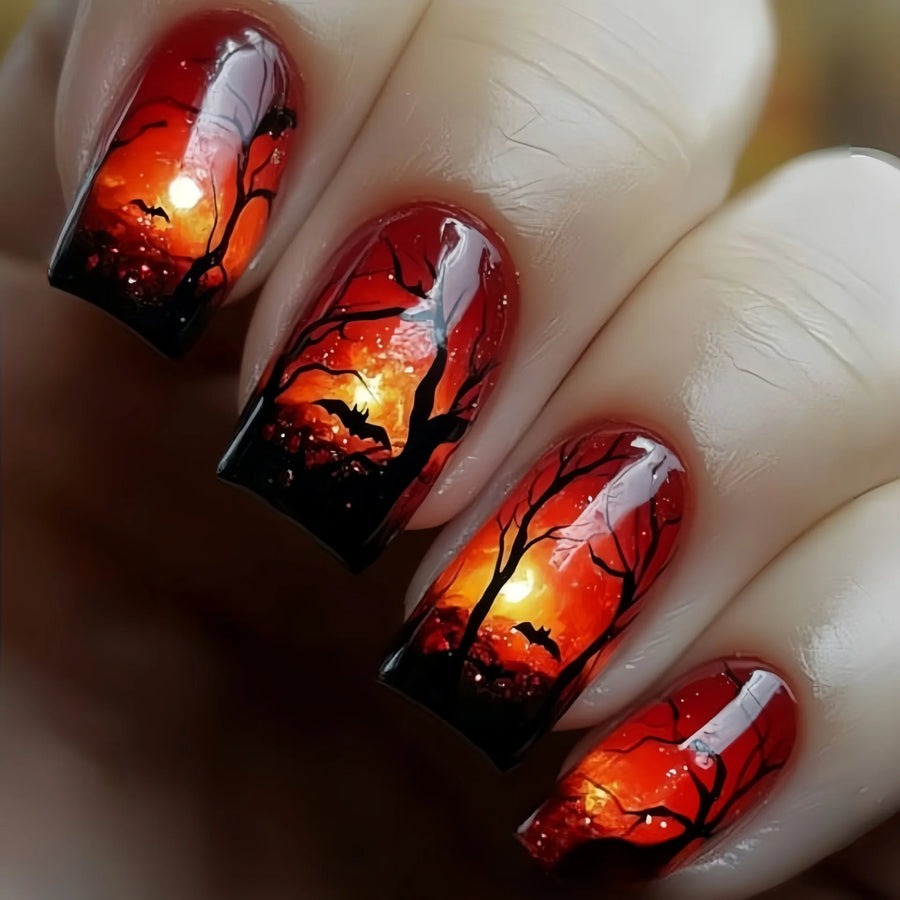 Halloween Bat, Skull & Pumpkin Press-On Nails – Medium Almond Square, 24 Pcs