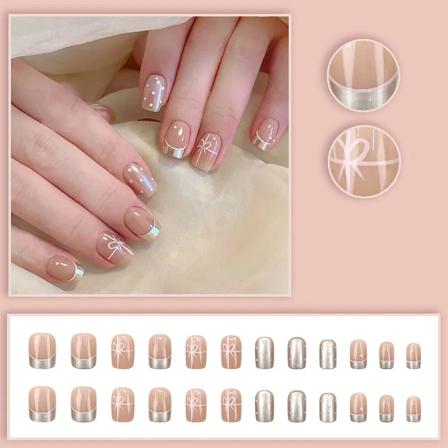 Short Square fake nails for women girls nude red colors with polka dots or cherry heart french style press on false nail art