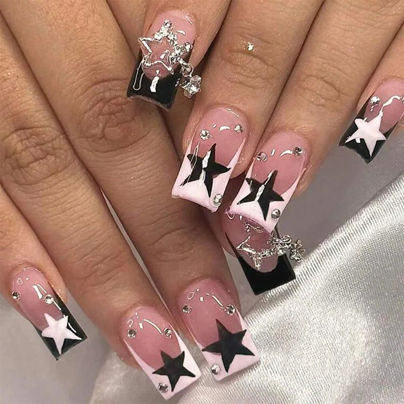 Glossy Black Bow & Star Rhinestone Press-On Nails – Short Duckbill, 24 Pcs
