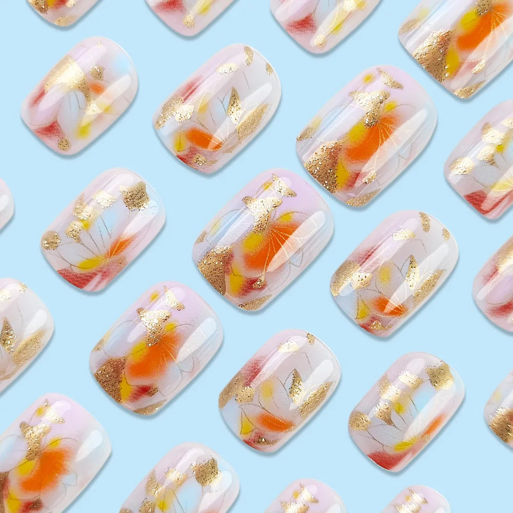 Short square fake nails for women gilrs Spring summer flowers white pink yellow colors full cover press on acrylic false nails