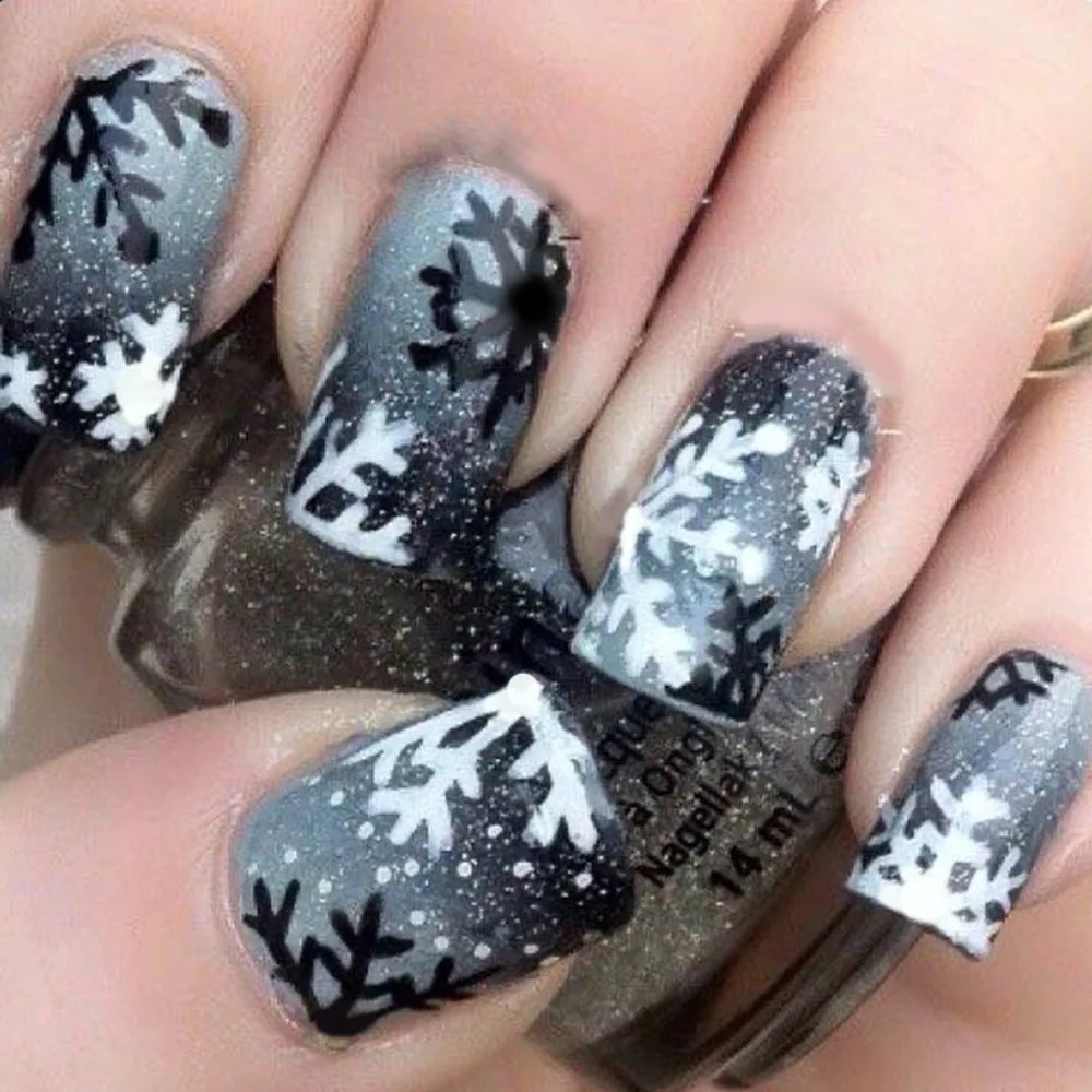 24pcs/set Medium fake nails for women girls snowflakes snowhouse penguin design Christmas Square almond tips press on false nail