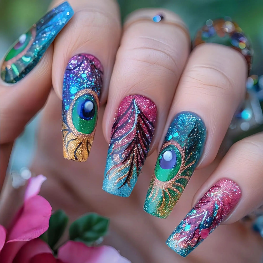 Y2K Purple Blue Yellow Green Flower Press-On Nails – Autumn/Winter, Medium Long, 24 Pcs