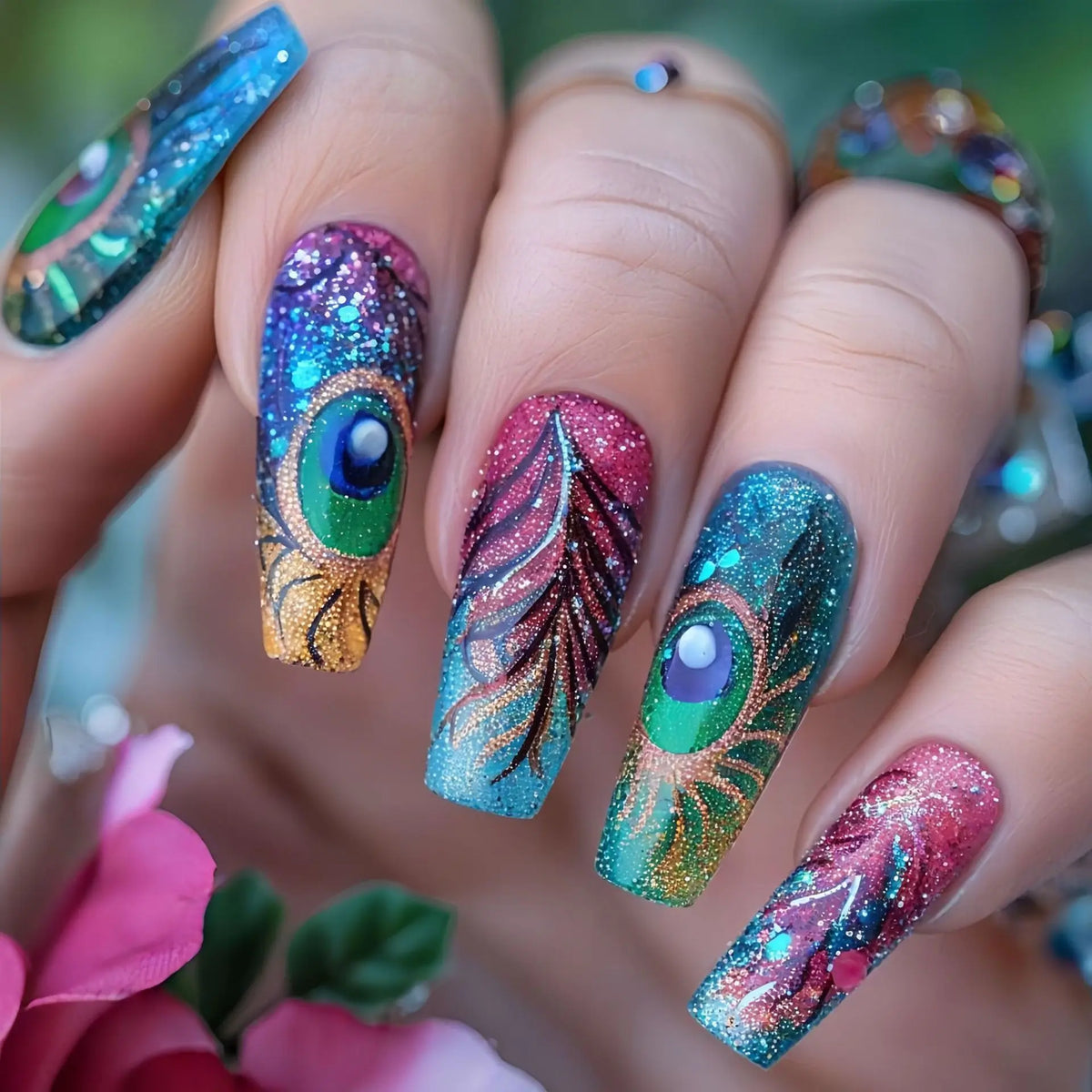 24pcs/set Medium Long Fake Nails for Autumn Winter Y2K Gradient Purple Blue Yellow Green Flowers Cute Gogga Press On False Nail
