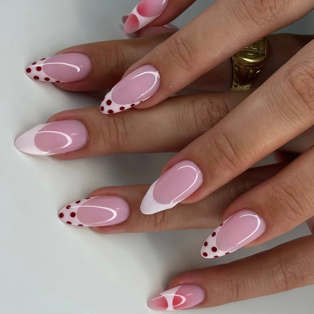 Medium fake nails gradient red pink white fashion Polka dots design full cover french Almond nail tips press on false nail art