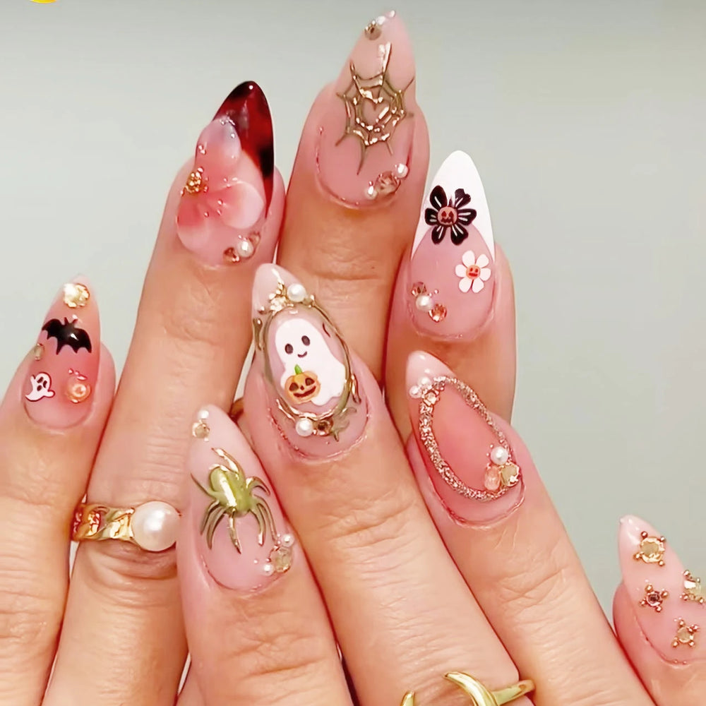 Pink Ghost & Pumpkin Halloween French Press-On Nails – Almond, 24 Pcs
