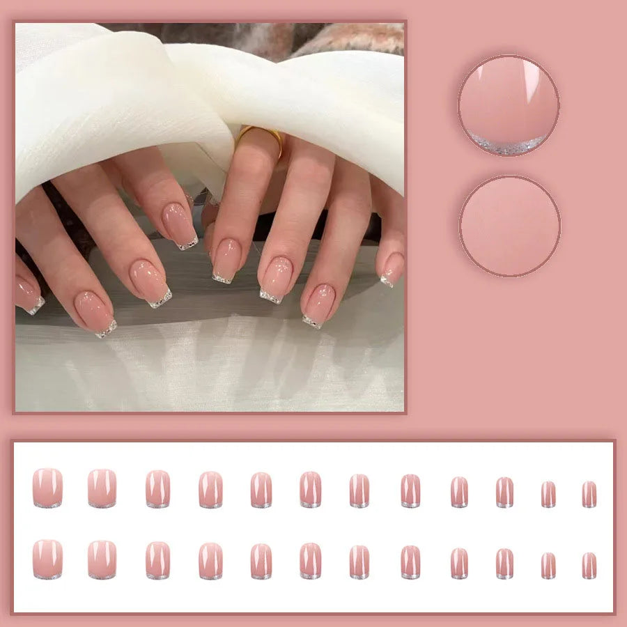 Short Medium fake nails for women gilr nude nail tips with glitters edge frame full cover reusable press on Artificial Nails set