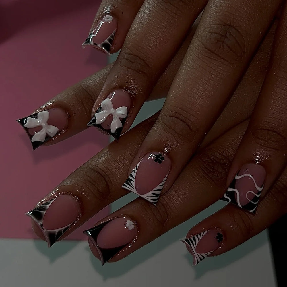 Black Cross Strap French 3D Bow Press-On Nails – Long Ballet, 24 Pcs